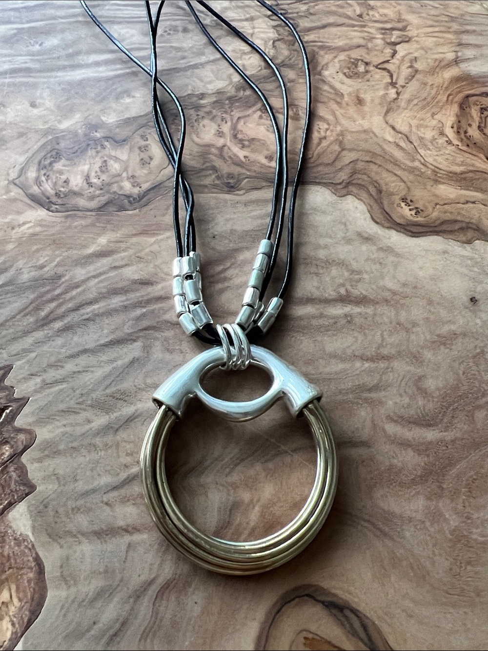 RLM SoHo Two-Tone Ring Pendant Necklace in Silver and Gold Tones with leather